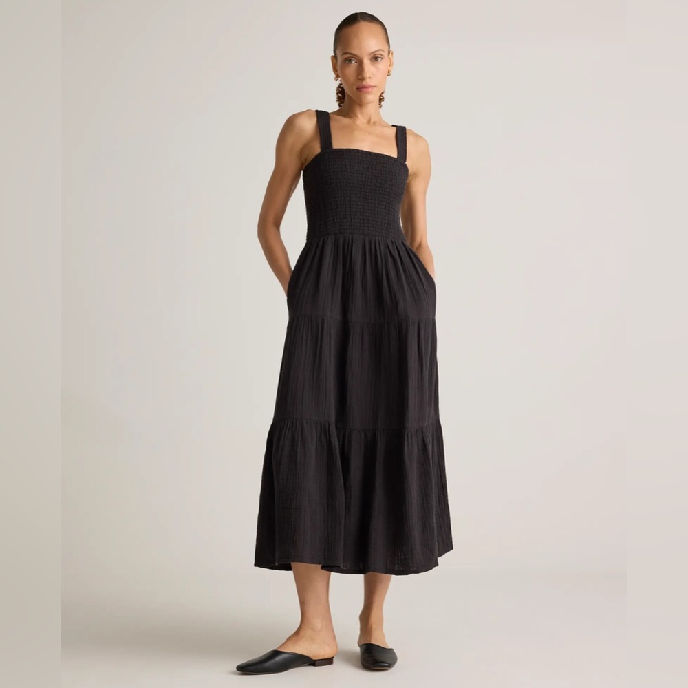 Quince 100% Organic Cotton Gauze Smocked Sleeveless Maxi Dress in Black : Sz S